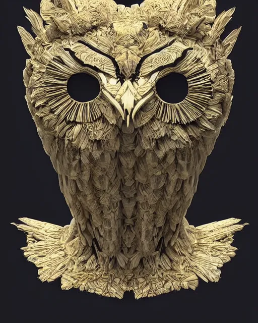 Image similar to symmetrical painting of a fractured obsidian greek statue of an owl fixed with kintsugi, rendered in octane trending on cgsociety. extremely detailed and intricate art