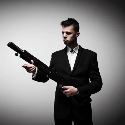 Prompt: Man in black suit pointing a silenced gun at the camera, dark room, dark atmosphere