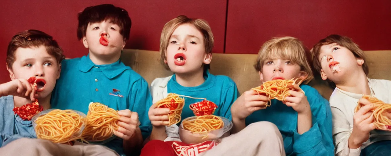 Image similar to a boy and girl at the movies snacking on a spaghetti container, kodachrome, in the style of wes anderson, retro