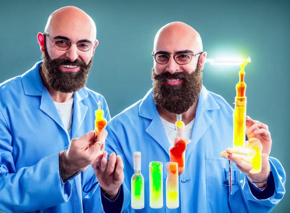 Prompt: The handsome bald italian scientist with brown eyes and a full beard wearing a labcoat smiles wide as he carefully holds two test tubes with brightly glowing liquids with energetic aura, in the style of JoJos Bizarre Adventure, ultra high resolution, intricate details