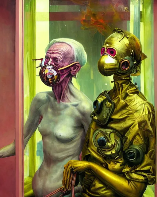 Prompt: Two skinny old people wearing gas masks and helmets, draped in silky gold, green and pink, inside a surreal hospital room, a large window shows a world on fire, loss and despair, transhumanism, in the style of Adrian Ghenie, Esao Andrews, Jenny Saville, Edward Hopper, surrealism, art by Takato Yamamoto and James Jean