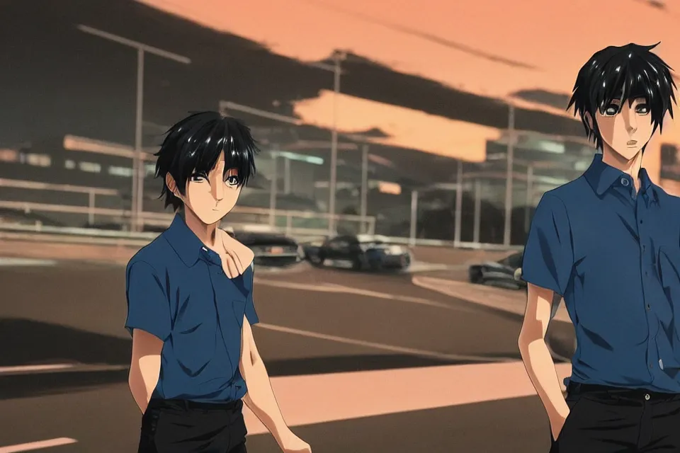 Image similar to aesthetic illustration of ryosuke takahashi with black hair wearing a dark blue shirt standing near white mazda rx 7 on an empty highway at dusk, cinematic lighting, initial d anime 1 0 8 0 p, detailed anime face, high detail, 9 0 s anime aesthetic, volumetric lights, unreal engine 5 render, pinterest wallpaper, trending on artstation