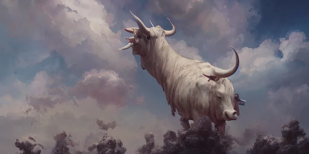 Prompt: sacred cow, ceremonial clouds, dripping paint, fibonacci rhythm, artstation, art germ, wlop, karol bak, christopher balaskas, ross tran