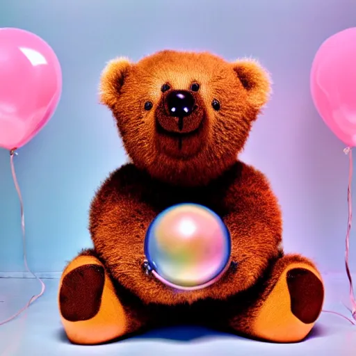 Prompt: A bear sitting in front of a 90s compute, cute, pastel, bubbly