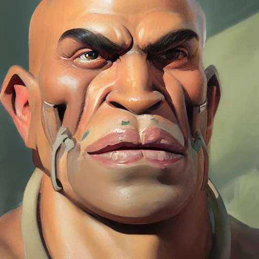 Image similar to greg manchess close - up portrait painting of a handsome male dieselpunk orc with olive green skin as an overwatch character, medium shot, asymmetrical, profile picture, organic painting, sunny day, matte painting, bold shapes, hard edges, street art, trending on artstation, by huang guangjian and gil elvgren and sachin teng