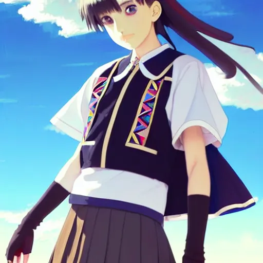 Image similar to a beautiful! boyish! natalie portman model, wearing catholic school girl outfit with mayan pattern and native style, aztec street fashion, guilty gear art direction, gapmoe yandere grimdark, trending on pixiv fanbox, painted by greg rutkowski makoto shinkai takashi takeuchi studio ghibli, akihiko yoshida