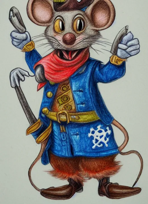 Image similar to detailed colored pencil drawing of an anthropomorphic mouse as a pirate