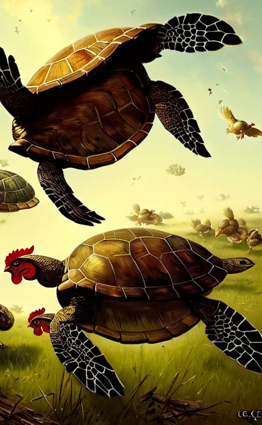 Image similar to war between chickens and turtles, wide angle shot by greg rutkowski