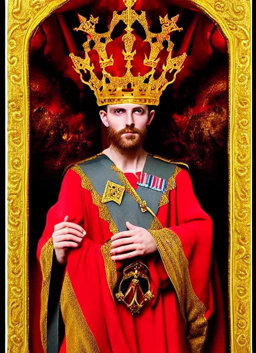 Prompt: 'Portrait of Crowned King Arthur' royally decorated, whirling plasma, atmospheric motes, red and gold Sumptuous garb, gilt silk fabric, radiant colors, fantasy, perfect lighting, studio lit, micro details,