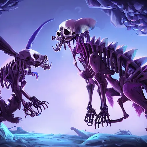 Image similar to cute skeleton animal creatures. hearthstone animal creatures, graveyard background, bright art masterpiece artstation. 8k, sharp high quality artwork in style of Jose Daniel Cabrera Pena and Greg Rutkowski, violet theme, concept art by Tooth Wu, hearthstone card game artwork