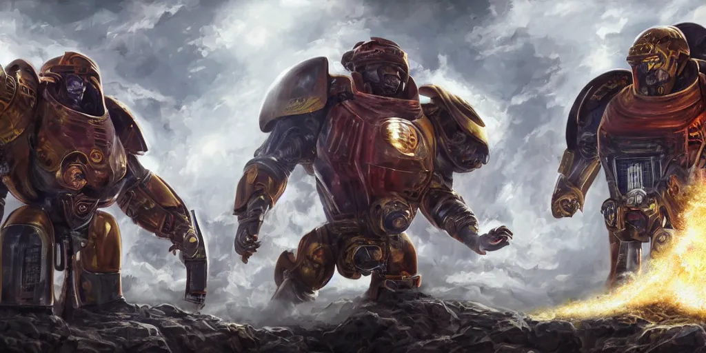 Prompt: God-Emperor Elon Musk crushes the unbelievers, realistic digital painting in the style of Warhammer