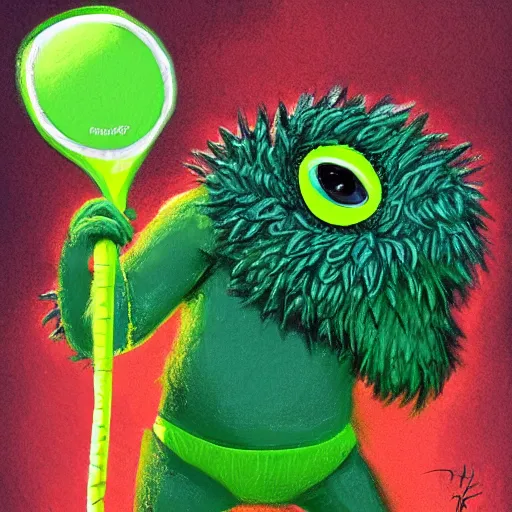 Prompt: a tennis ball monster, tennis ball, dark, chalky, rich playboy, digital art, fantasy, magic, trending on artstation, ultra detailed, professional illustration by Basil Gogos