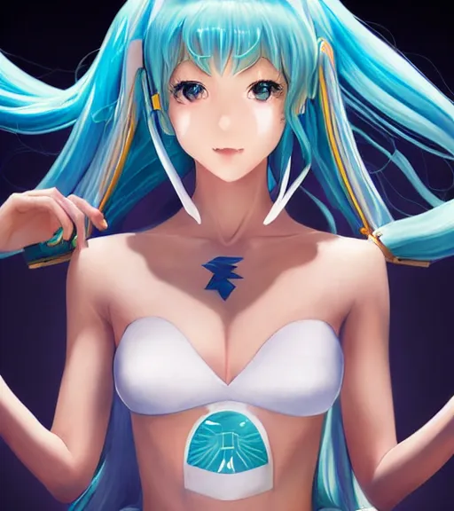 Prompt: Anime art very beautiful Hatsune miku by artgerm, Julie Bell, magali villeneuve, Gil Elvgren, Earl Moran, Enoch Bolles, symmetrical shoulders