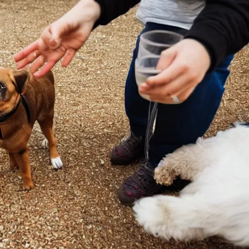 Image similar to a dog with one human leg being given wheat treats