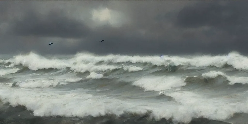 Prompt: storm, grey clouds, seagulls above a rough surf, jeremy lipking