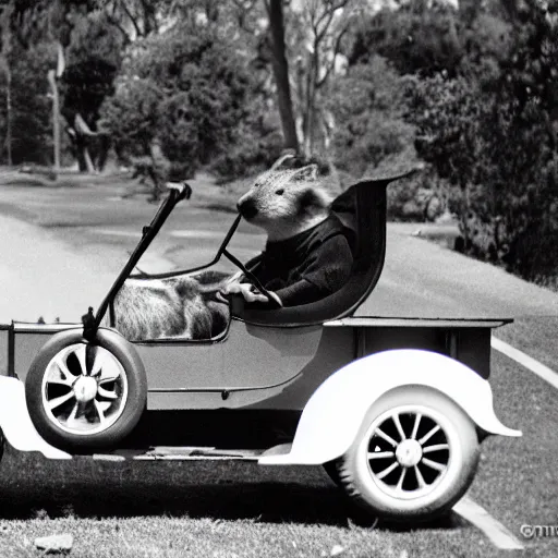 Image similar to a quokka, driving a model t ford, black and white photograph