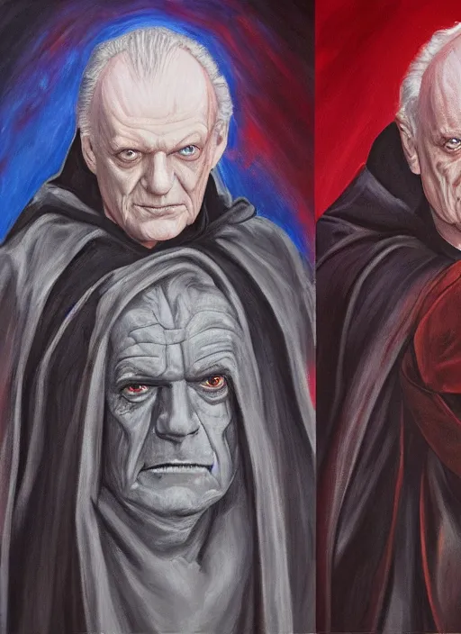 Image similar to oil painting of chancellor palpatine, ian mcdiarmid, sith from star wars, symmetrical!!! star wars portrait, art by greg rutowski!!, trending on artstation