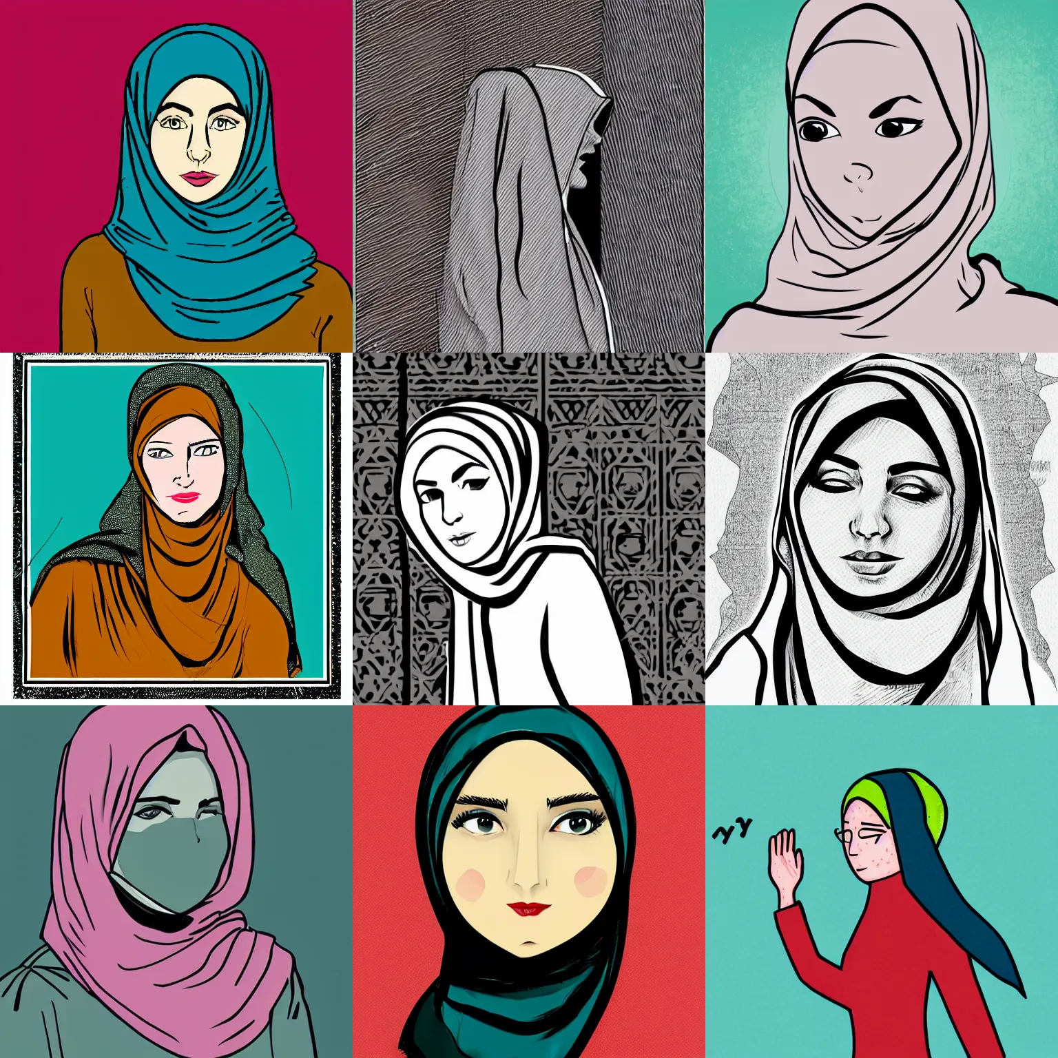 Prompt: woman in hijab illustration in the style of patrick nagle