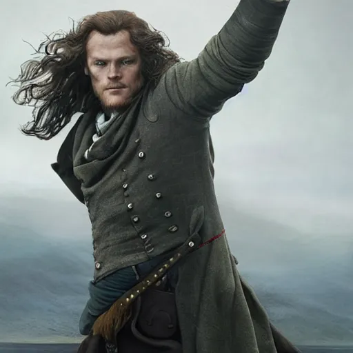 Image similar to Sam Heughan as Jamie Fraser, caricature portrait exaggerated by Sebastian Krüger and Bruno Tesse trending on artstation, hyperdetailed, perfect composition. Scotland background