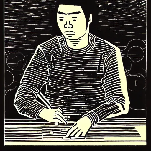 Image similar to portrait of a programmer by makoto yukimura, woodcut