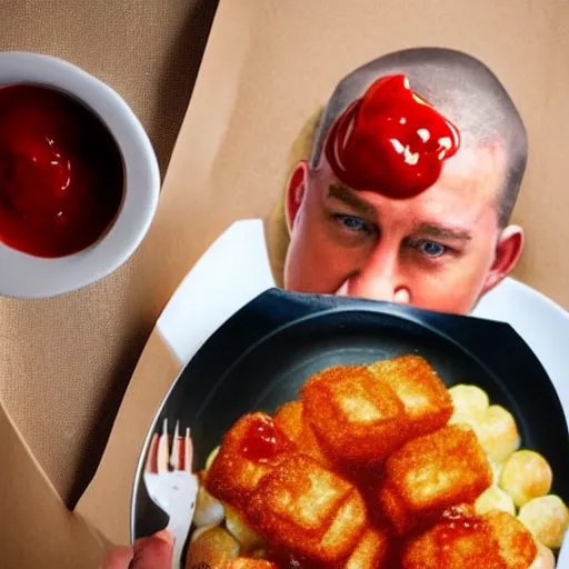 Image similar to food photo of channing tatum's face on top of giant tater tot on a plate with ketchup