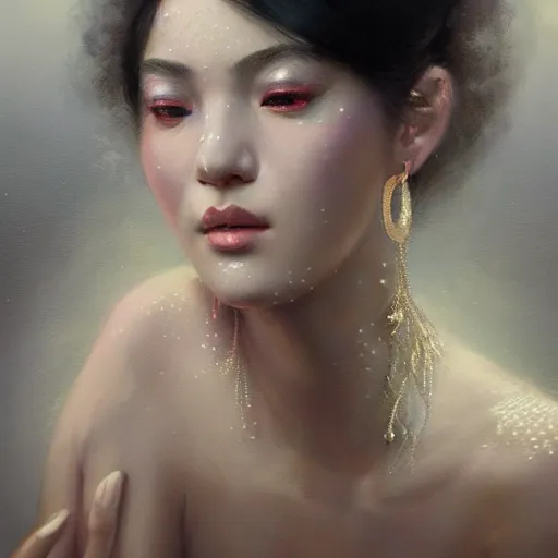 Image similar to a beautiful portrait of a pearl goddess with glittering skin, a detailed painting by greg rutkowski and raymond swanland, featured on cgsociety, fantasy art, detailed painting, artstation hd, photorealistic