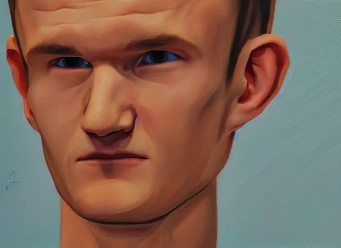 Image similar to vitalik buterin in headphones. vitalik buterin, medium shot, perfect symmetric face, coherent face, coherent eyes, cute, fine details., 4 k, hans zatska, oil paint