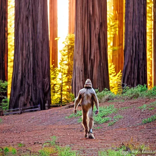 Image similar to bigfoot walking in the california redwoods, golden hour, award winning photography, 2 0 0 mm, f 2. 8, 8 k