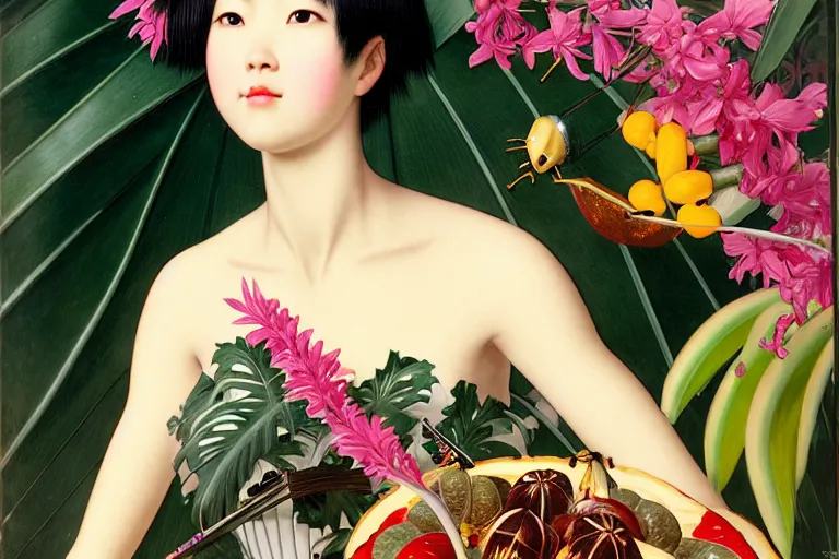 Prompt: a portrait of double eyelids asian female with short black hair dressed with a robot knight plastic white armor dress from evangelion, sit in a throne surrounded by garlands of tropical fruits and flowers, masterpiece painted by jc leyendecker