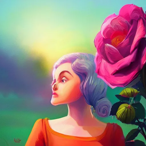 Image similar to closeup, giant rose flower head, frontal, girl in suit, surreal photography, sunrise, blue sky, dramatic light, impressionist painting, digital painting, artstation, simon stalenhag