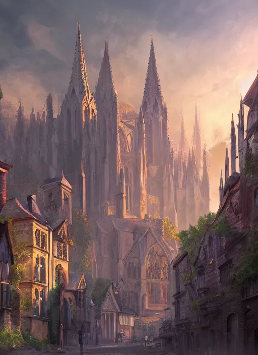Prompt: A fantasy digital concept painting of a street-level view of a town on the side of a large hill topped by a massive cathedral, golden hour, by Elodie Mondoloni