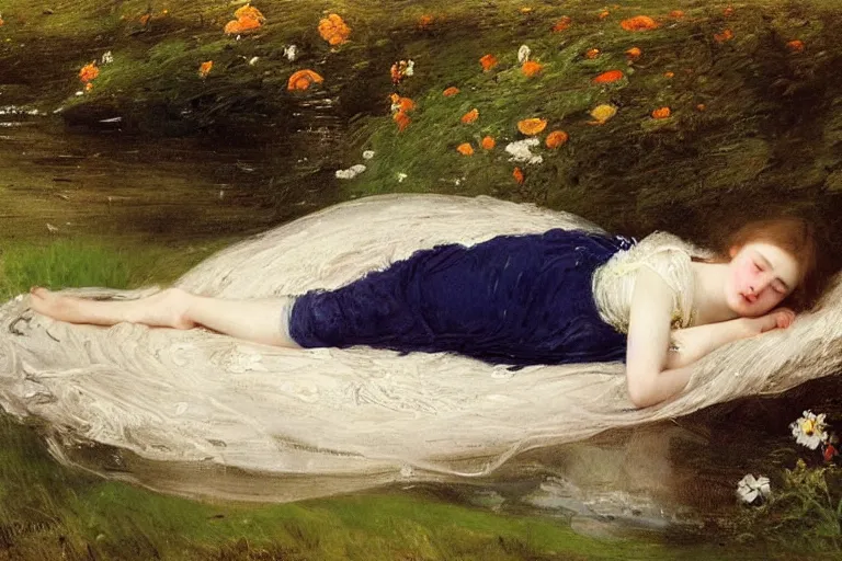 Prompt: a virtuosic portrait of a beautiful young girl luying!! floating in the dark waters of a river surrounded by high green grass and many fine flowers, sleeping, wearing a nicely crafted antique dress, by sir john everett millais, realistic, hyperdetailed, ethereal, sad, masterpiece, oil painting