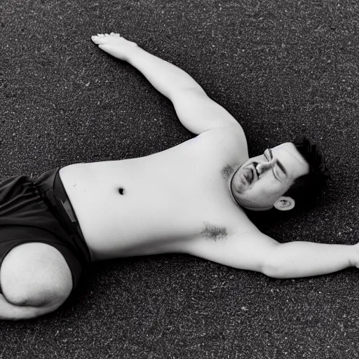 Prompt: a professional black and white studio photo of a large plump man failing to do a simple exercise lying flat on the ground crying he can't do it failure grainy sad tears depressing overhead view