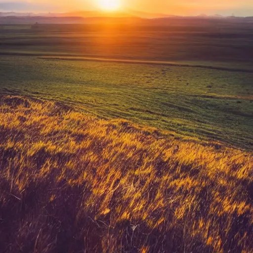 Image similar to sunset above plains and meadow, beautiful landscape, high detail, instagram photo, professional dslr photo, creative composition, beautiful composition