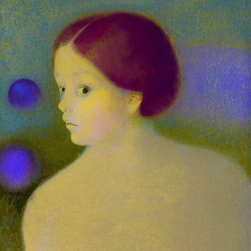 Image similar to a girl with three eyes on 5 translucent luminous spheres, full of floral and berry fillings, in an ocean of lavender color by odilon redon