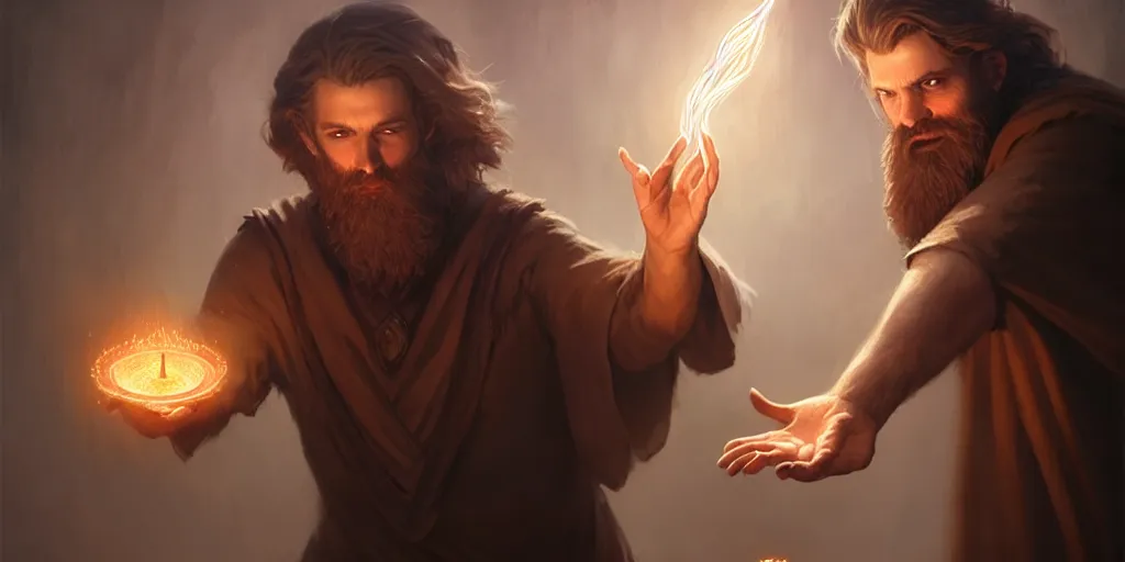 Image similar to a handsome bearded white male wizard with brown hair he is casting a spell emanating from his hands, open hands, sharp focus, waist up, 4 k, by greg rutkowski, rudy siswanto and anna podedworna