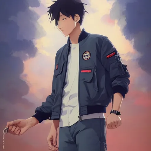 Image similar to a handsome young man! model, wearing ma - 1 flight suit jacket and overalls, bulky poofy bomber jacket with mayan patterns, trending on pixiv fanbox, painted by greg rutkowski makoto shinkai takashi takeuchi studio ghibli, akihiko yoshida