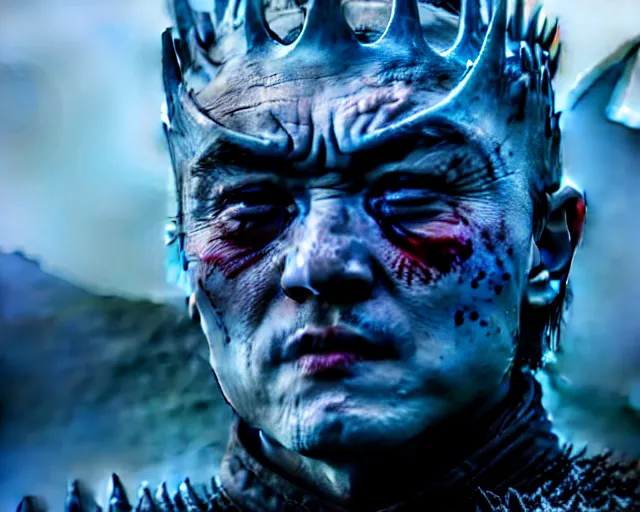 Prompt: justin sun as night king in game of thrones attacked by huge crimson - black bee army, 4 k, epic, cinematic, focus, movie still, fantasy, extreme detail, atmospheric, dark colour, sharp focus