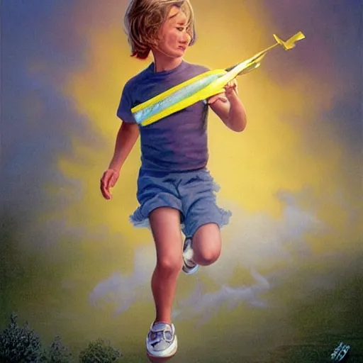 Prompt: a disappearing running child holding scissors in hand disappears evaporates dissolves into vapor, mist, smoke, a detailed matte painting by John Philip Falter and Jason Edmiston