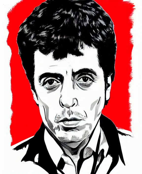 Image similar to headshot portrait. tony montana from movie scarface 1 9 8 3. al pacino, perfect symmetric face, coherent eyes, fine details., 4 k, red and black ink paint