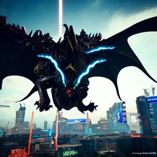 Prompt: a black lightning dragon with a serious face and horns, flying through the sky, cyberpunk 2077, 3d render