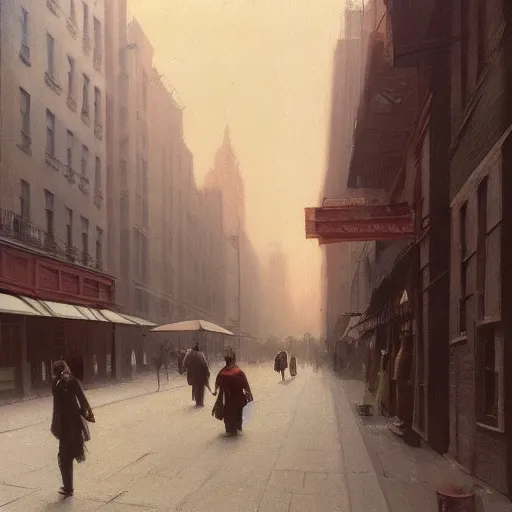 Image similar to a matte painting of nyc streets of soho in the summer, matte painting, dusk, fashion, by rozalski and peter ilsted, artstation