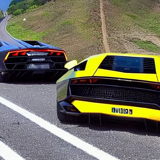 Prompt: Lamborghini driving on highway with three banana peels following directly behind it