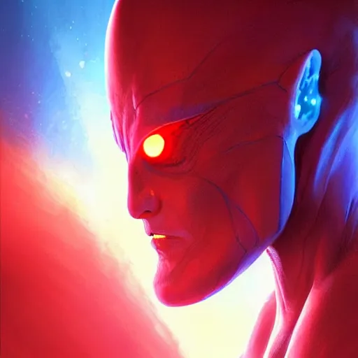 Image similar to Portrait of a tall blue alien, hairless, red glowing eyes, wearing a smooth and intricate biosuit, cinematic lighting, highly detailed, digital painting, artstation, concept art, smooth, sharp focus, illustration, art by Artgerm and Greg Rutkowski, Cgsociety