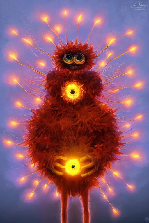 Image similar to a glowing humanoid figure dandelion monster with large glowing eyes, surrounded by blazing orange, highly detailed, digital art, sharp focus, trending on art station, artichoke, anime art style