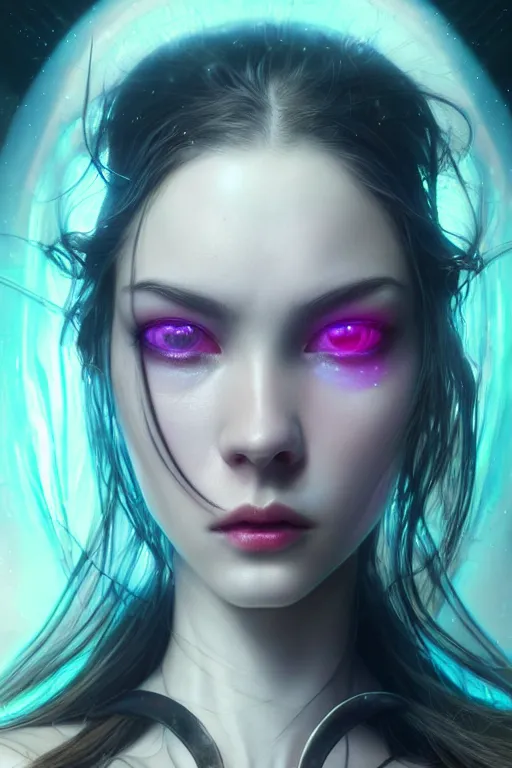 Image similar to ultra detailed, cinematic closeup photo of beautiful, female android deity, sharp focus, no blur, studio photo, model, floodlight. calm, angry, fantasy art, octane render, unreal engine. flowerpunk, noir. photorealistic concept art, triadic color scheme. art by artgerm and wlop and giger and greg rutkowski and alphonse mucha, 8 k