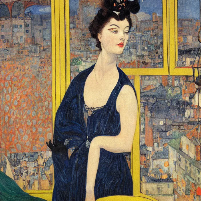 Prompt: portrait of woman in night cat gown croton and crane with steampunk metropolis seen from a window frame with curtains. agnes pelton, caravaggio, bonnard, henri de toulouse - lautrec, utamaro, matisse, monet