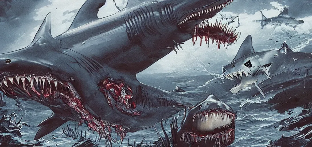 Image similar to concept art of shark attack, lovecraftian, lots of teeth, melting horror, fighting the horrors of the unknown with laser guns