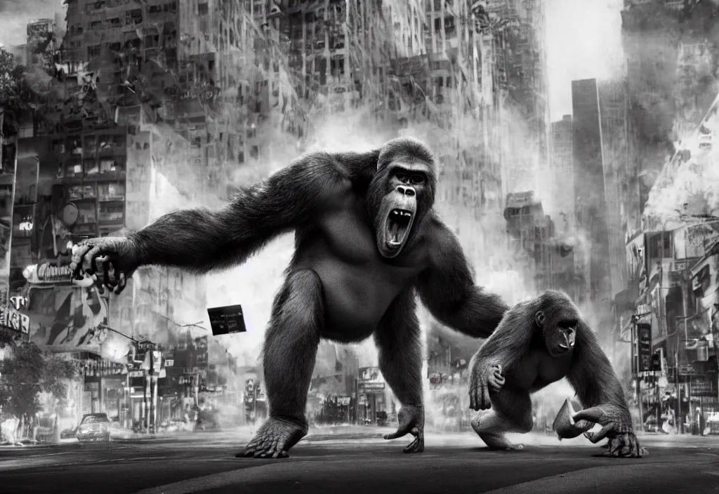 Image similar to An king Kong rage on street, Hollywood scene , cinematic , full color