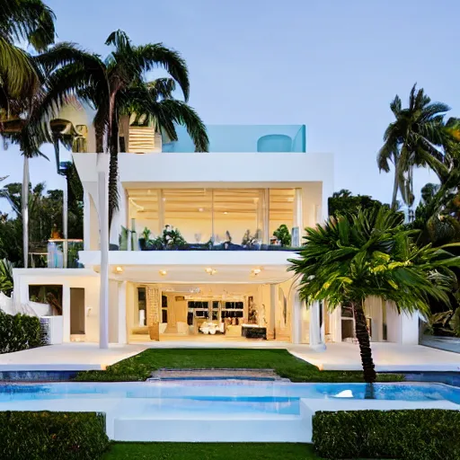 Prompt: modern detailed white mansion by the beachside, with palm trees and glass windows